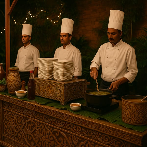 Three Indian chefs in white uniforms preparing food at an ornate buffet table with string lights.