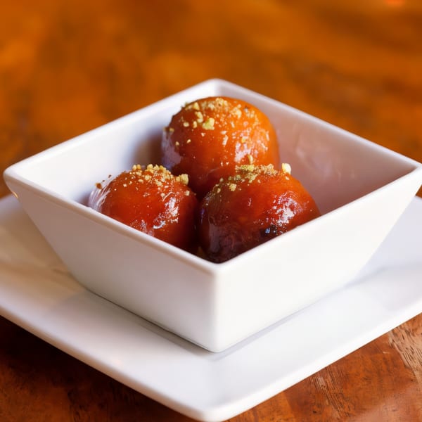 Three glistening gulab jamun, Indian fried dough balls, topped with nuts in a white bowl.