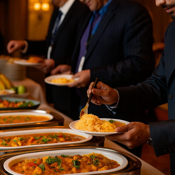 Guests in suits serving themselves Indian food from a buffet at East India Co. Grill & Bar.